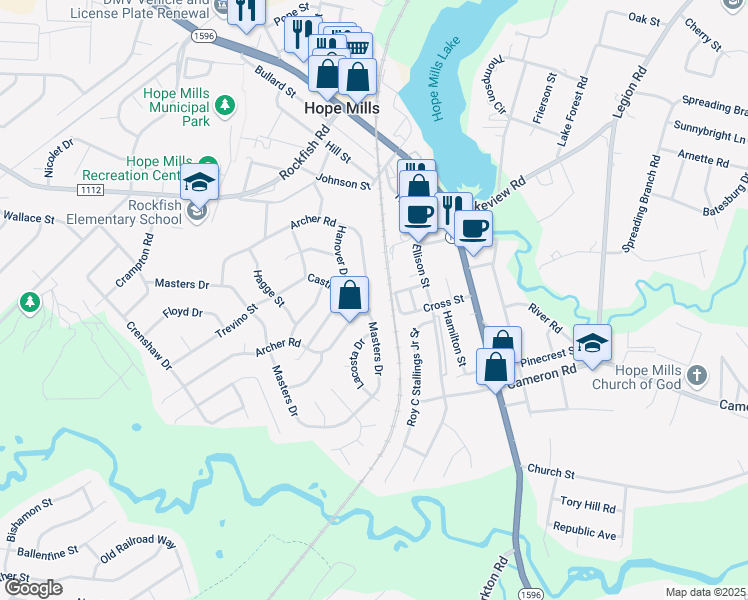 map of restaurants, bars, coffee shops, grocery stores, and more near 5516 Archer Road in Hope Mills