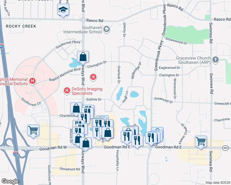 map of restaurants, bars, coffee shops, grocery stores, and more near 7474 Overlook Drive in Southaven