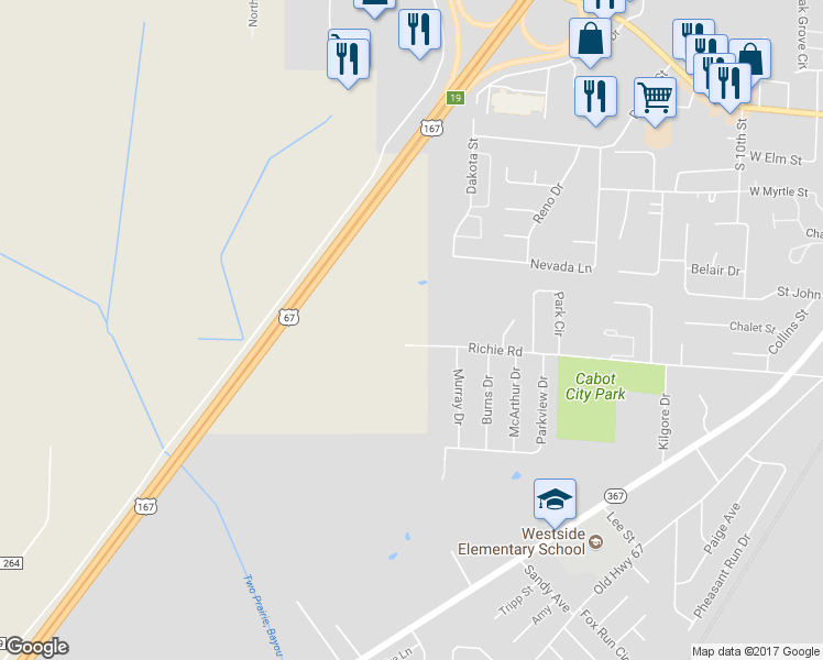 map of restaurants, bars, coffee shops, grocery stores, and more near 1200 Richie Road in Cabot