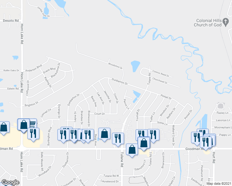 map of restaurants, bars, coffee shops, grocery stores, and more near 7438 Crystal Drive in Horn Lake
