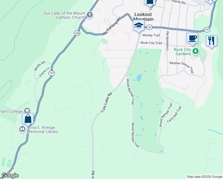 map of restaurants, bars, coffee shops, grocery stores, and more near 1608 Lula Lake Road in Lookout Mountain