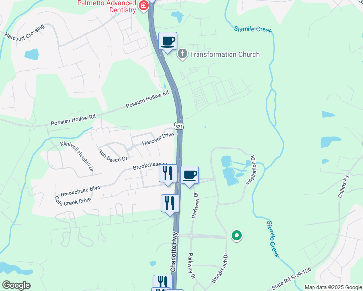 map of restaurants, bars, coffee shops, grocery stores, and more near 8760 Charlotte Highway in Fort Mill