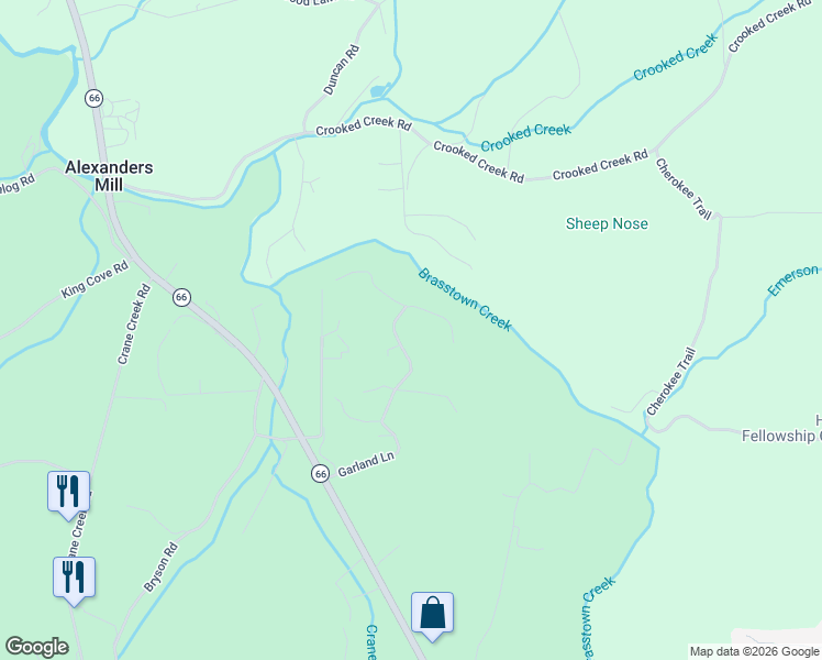 map of restaurants, bars, coffee shops, grocery stores, and more near 1512 Smithfield Lane in Young Harris