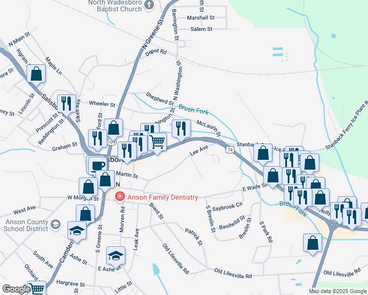 map of restaurants, bars, coffee shops, grocery stores, and more near 500 Andrew Jackson Highway in Wadesboro