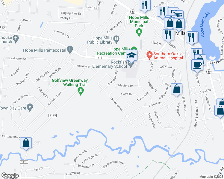 map of restaurants, bars, coffee shops, grocery stores, and more near 3716 Souchak Drive in Hope Mills