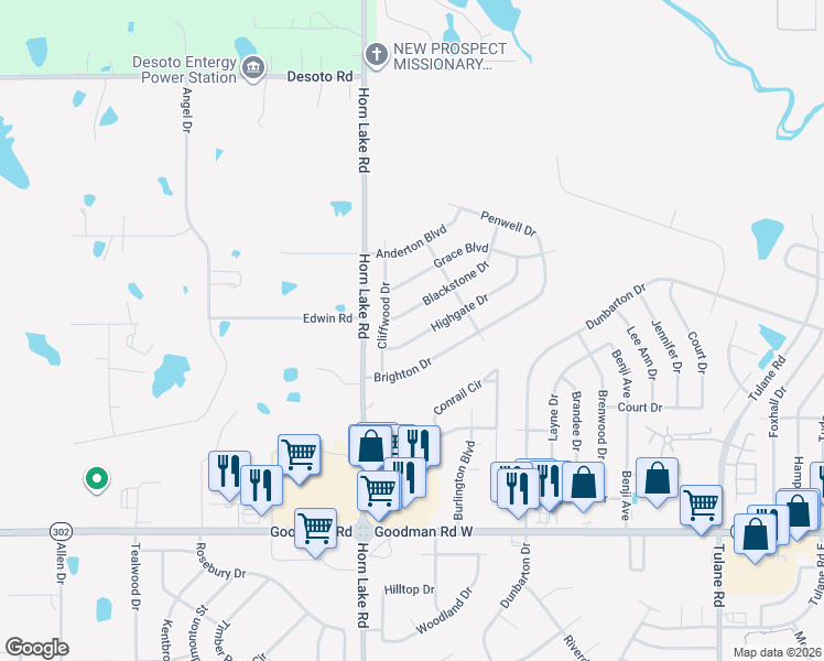 map of restaurants, bars, coffee shops, grocery stores, and more near 4211 Blackstone Drive in Horn Lake