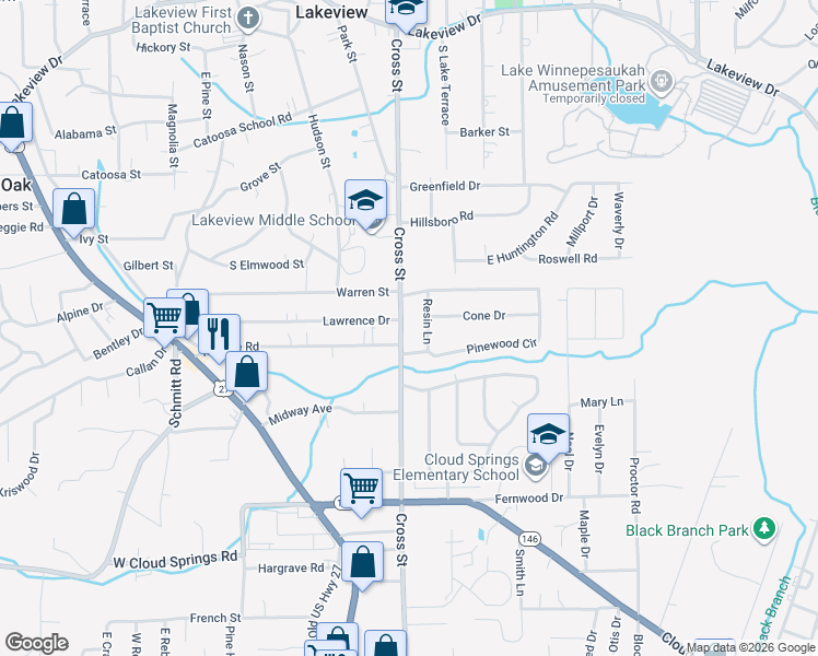 map of restaurants, bars, coffee shops, grocery stores, and more near 1207 Resin Lane in Fort Oglethorpe