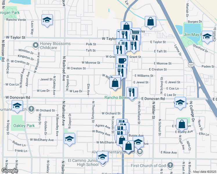 map of restaurants, bars, coffee shops, grocery stores, and more near 202 West Williams Street in Santa Maria