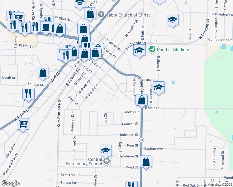 map of restaurants, bars, coffee shops, grocery stores, and more near 605 East Main Street in Cabot