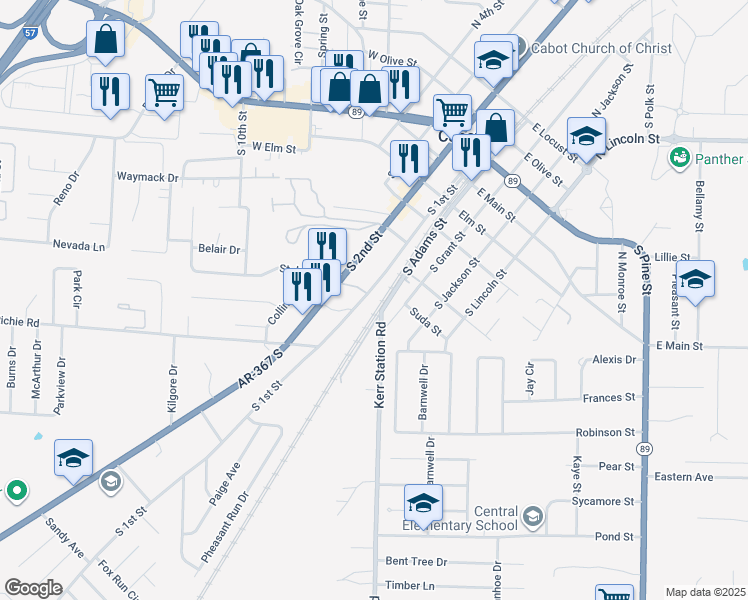 map of restaurants, bars, coffee shops, grocery stores, and more near 701 South 1st Street in Cabot