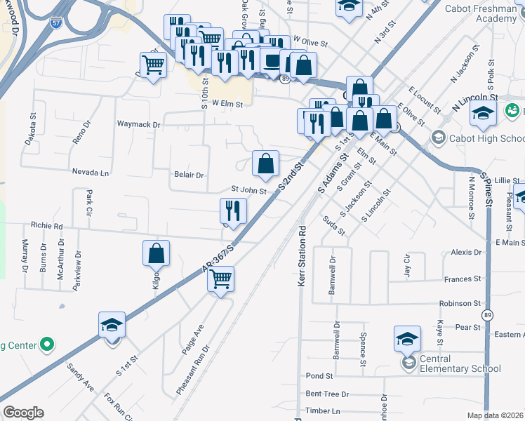 map of restaurants, bars, coffee shops, grocery stores, and more near 723 South 2nd Street in Cabot