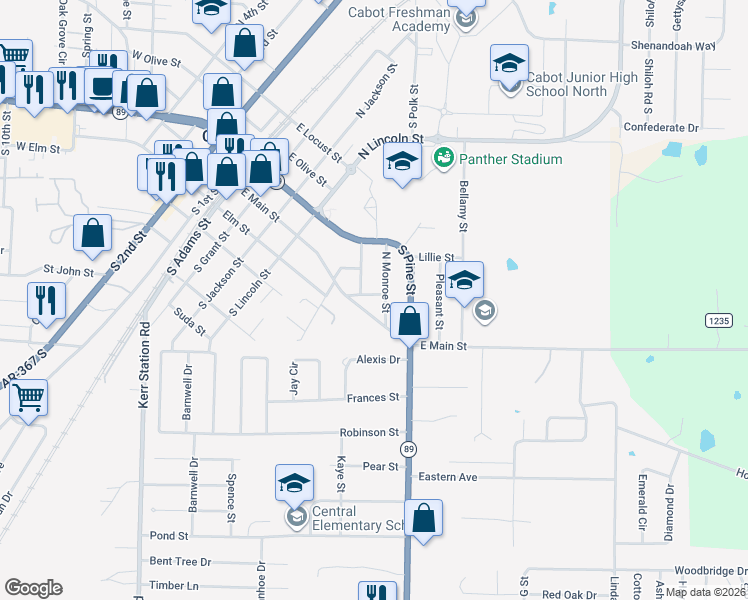 map of restaurants, bars, coffee shops, grocery stores, and more near 112 Walnut Street in Cabot