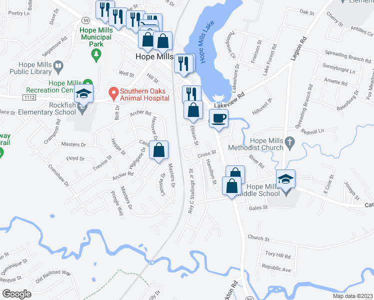 map of restaurants, bars, coffee shops, grocery stores, and more near 338 Middle Street in Hope Mills