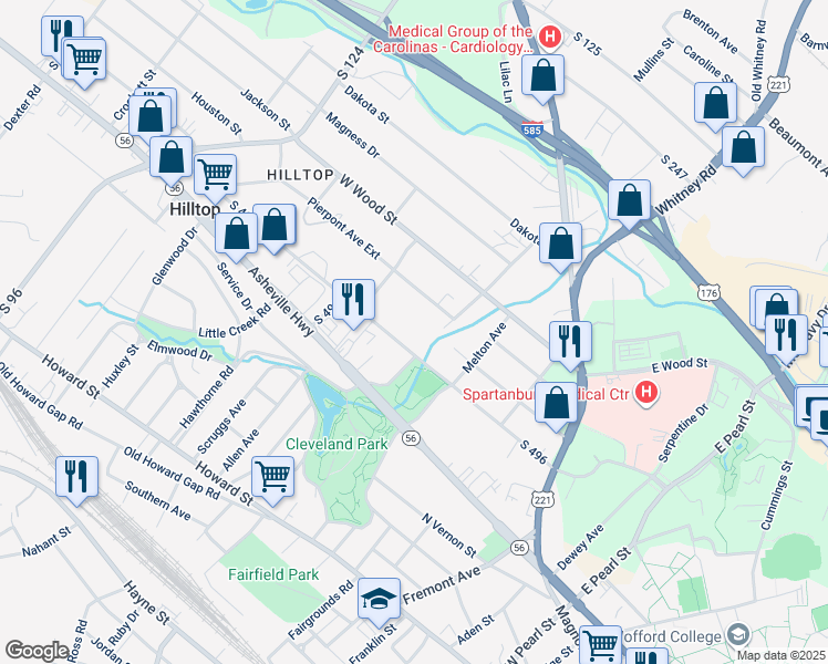 map of restaurants, bars, coffee shops, grocery stores, and more near 405 West Centennial Street in Spartanburg