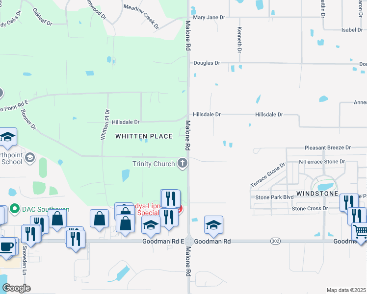 map of restaurants, bars, coffee shops, grocery stores, and more near 7479 Malone Road in Olive Branch
