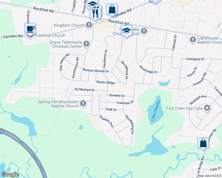 map of restaurants, bars, coffee shops, grocery stores, and more near 1928 Sir Michael Drive in Hope Mills