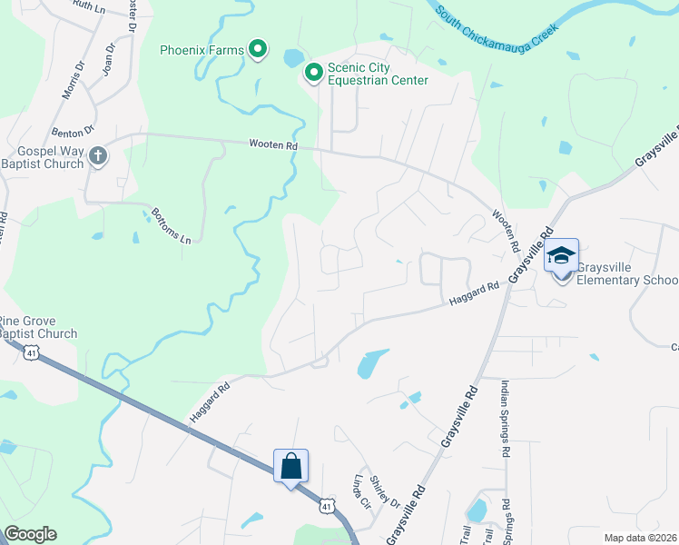 map of restaurants, bars, coffee shops, grocery stores, and more near 601 Sherwood Forest Drive in Ringgold