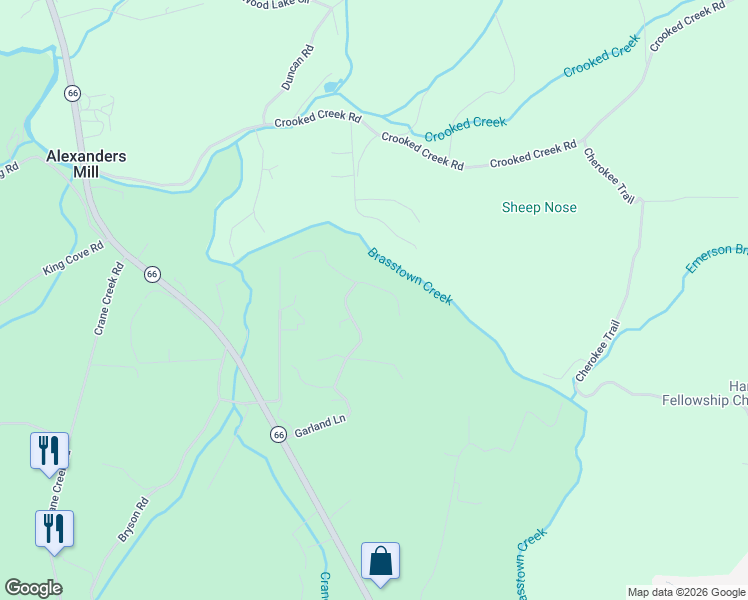 map of restaurants, bars, coffee shops, grocery stores, and more near 1512 Smithfield Lane in Young Harris