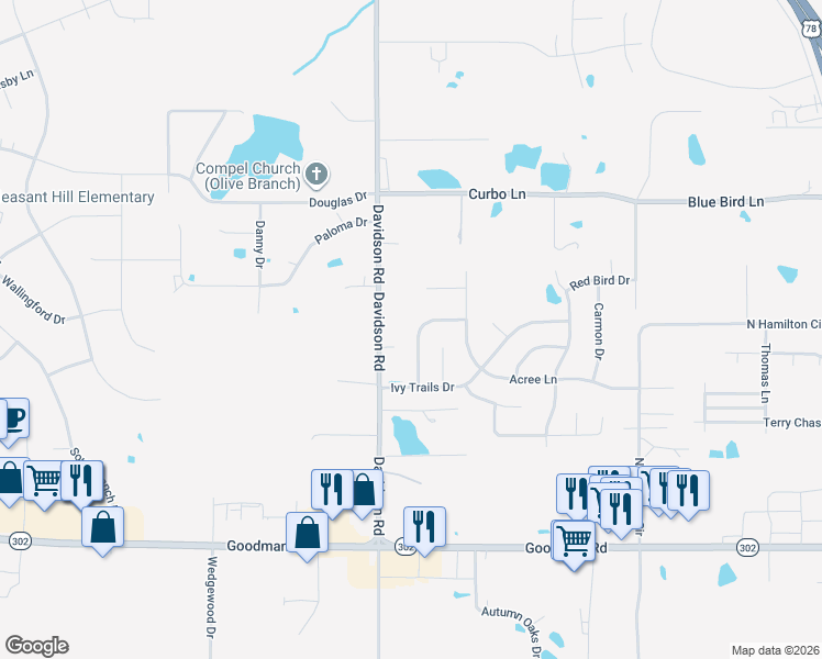 map of restaurants, bars, coffee shops, grocery stores, and more near 7480 Davidson Road in Olive Branch