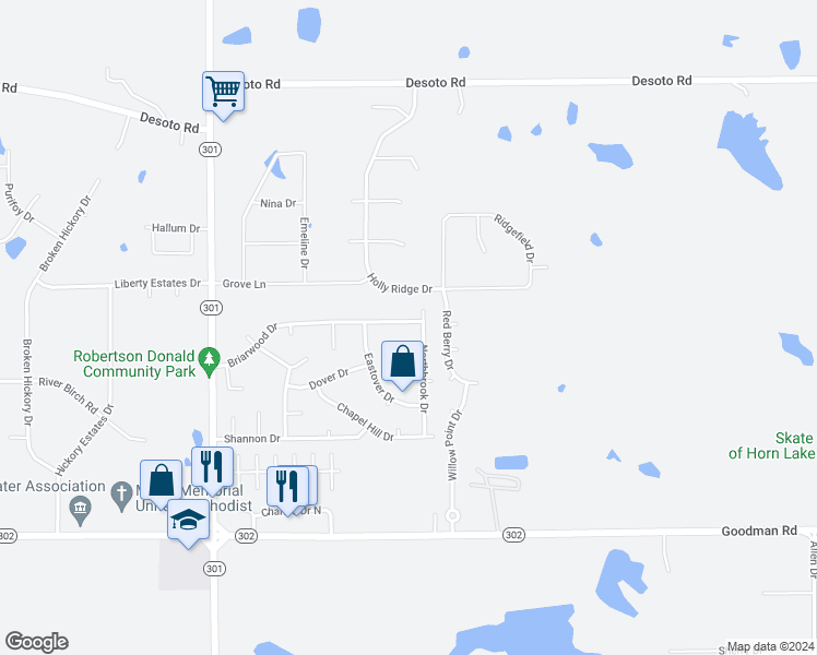 map of restaurants, bars, coffee shops, grocery stores, and more near 5555 Briarwood Drive in Horn Lake