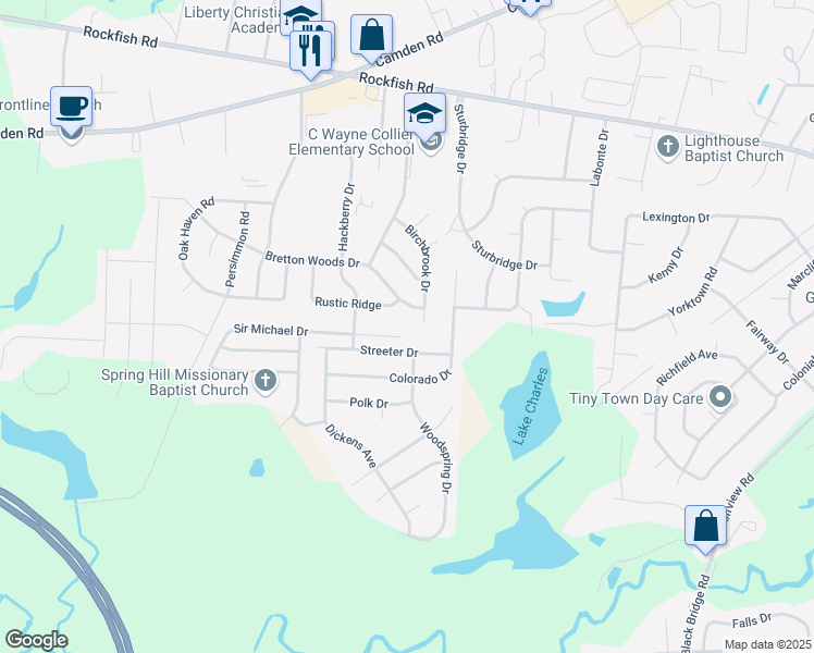 map of restaurants, bars, coffee shops, grocery stores, and more near 1904 Sir Michael Drive in Hope Mills