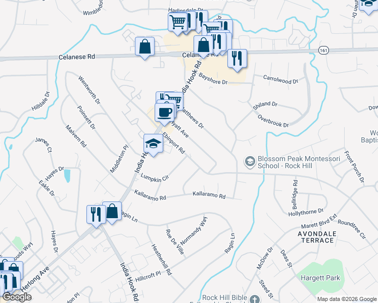 map of restaurants, bars, coffee shops, grocery stores, and more near 1757 Hyatt Avenue in Rock Hill