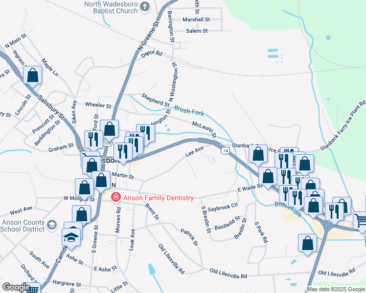 map of restaurants, bars, coffee shops, grocery stores, and more near 500 Andrew Jackson Highway in Wadesboro