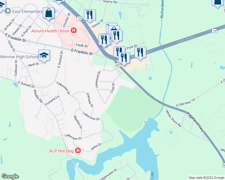 map of restaurants, bars, coffee shops, grocery stores, and more near 1600 Lileswood Drive in Monroe
