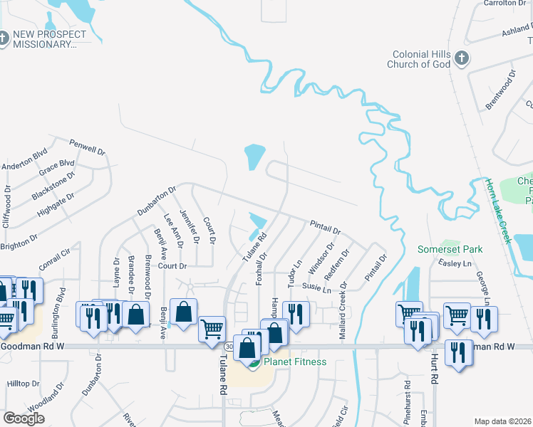 map of restaurants, bars, coffee shops, grocery stores, and more near 7420 Dunbarton Drive in Horn Lake