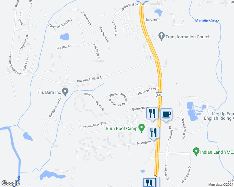 map of restaurants, bars, coffee shops, grocery stores, and more near Warrior Avenue in Fort Mill