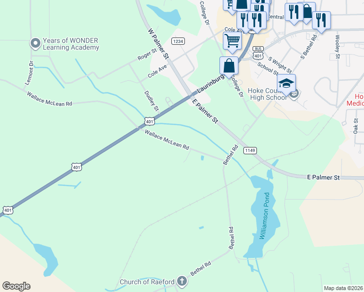 map of restaurants, bars, coffee shops, grocery stores, and more near 422-460 Wallace McLean Road in Raeford