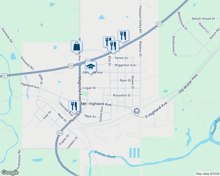 map of restaurants, bars, coffee shops, grocery stores, and more near Logan Street in Wister