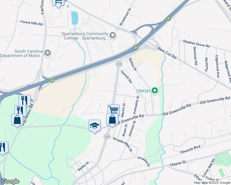 map of restaurants, bars, coffee shops, grocery stores, and more near 203 Shortwood Street in Spartanburg