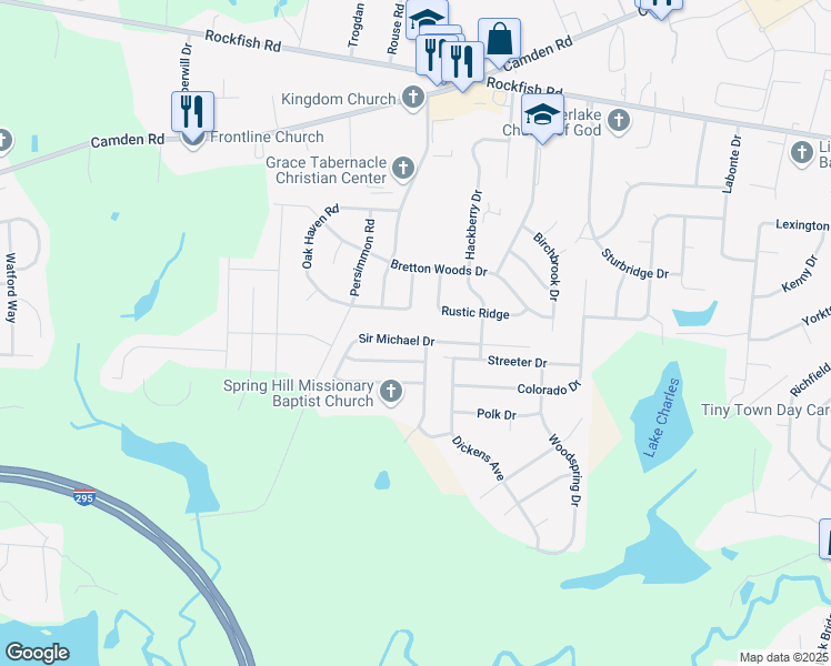 map of restaurants, bars, coffee shops, grocery stores, and more near 2108 Sir Michael Drive in Hope Mills
