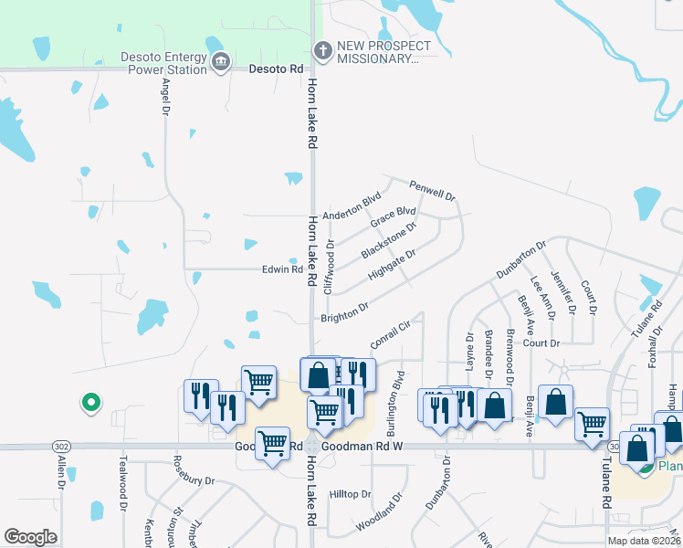 map of restaurants, bars, coffee shops, grocery stores, and more near 4223 Blackstone Drive in Horn Lake