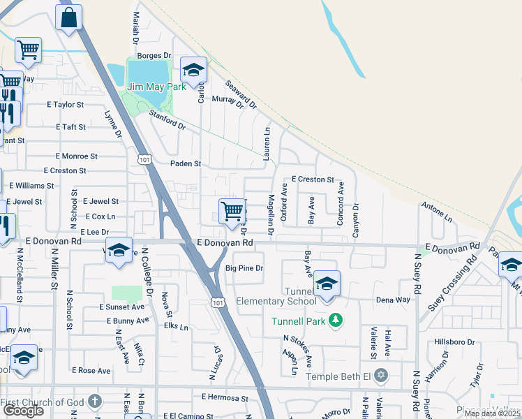 map of restaurants, bars, coffee shops, grocery stores, and more near 1052 De Soto Drive in Santa Maria
