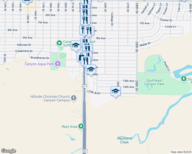 map of restaurants, bars, coffee shops, grocery stores, and more near 2312 14th Avenue in Canyon