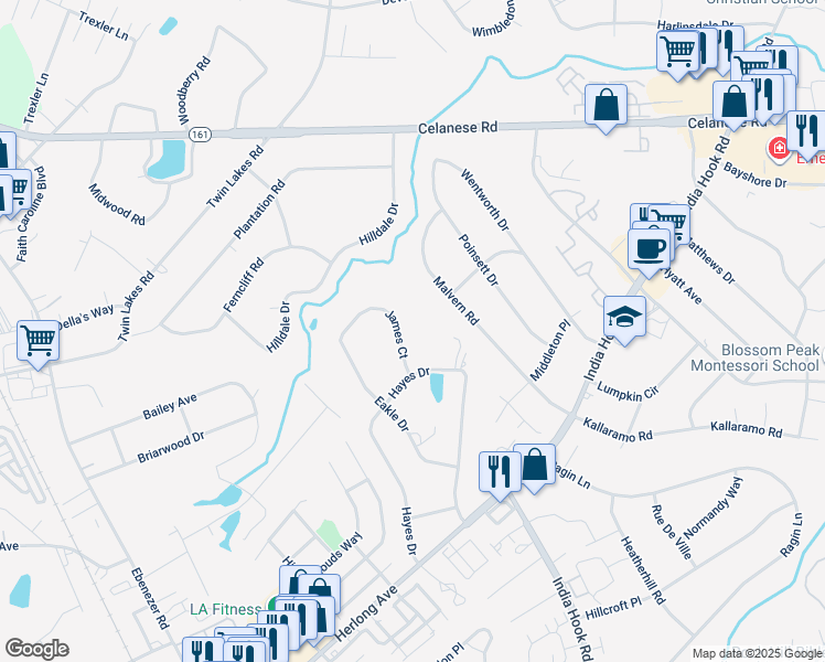 map of restaurants, bars, coffee shops, grocery stores, and more near 2116 James Court in Rock Hill