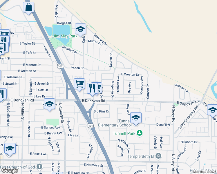map of restaurants, bars, coffee shops, grocery stores, and more near 1052 De Soto Drive in Santa Maria