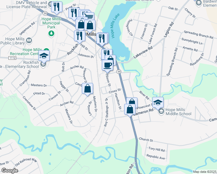 map of restaurants, bars, coffee shops, grocery stores, and more near 338 Middle Street in Hope Mills