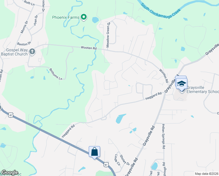 map of restaurants, bars, coffee shops, grocery stores, and more near Simpson Lane in Ringgold