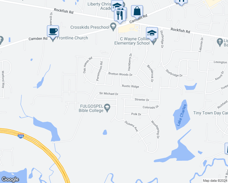 map of restaurants, bars, coffee shops, grocery stores, and more near 2108 Sir Michael Drive in Hope Mills