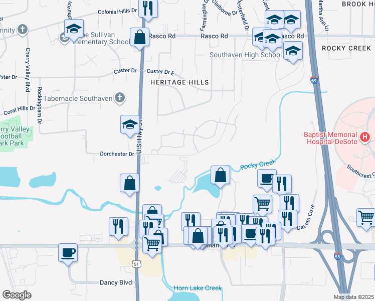 map of restaurants, bars, coffee shops, grocery stores, and more near 1275 Dorchester Drive in Southaven