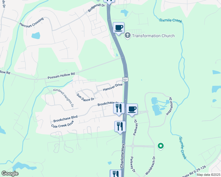 map of restaurants, bars, coffee shops, grocery stores, and more near 2264 Hanover Court in Indian Land