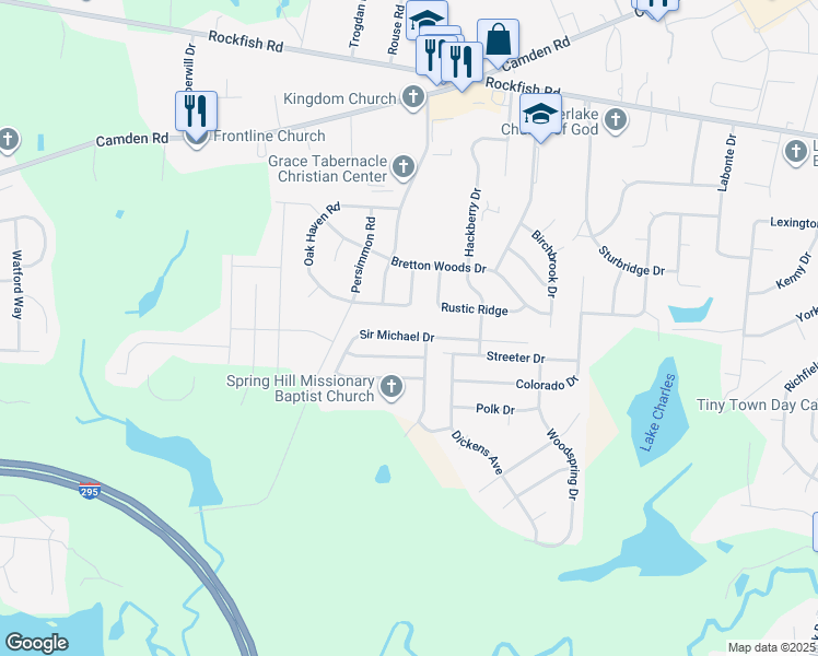 map of restaurants, bars, coffee shops, grocery stores, and more near 2112 Sir Michael Drive in Hope Mills