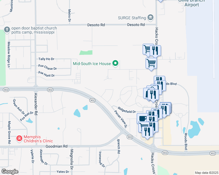 map of restaurants, bars, coffee shops, grocery stores, and more near 10654 Pecan Meadow Drive North in Olive Branch