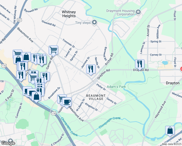 map of restaurants, bars, coffee shops, grocery stores, and more near 140 Greer Drive in Spartanburg