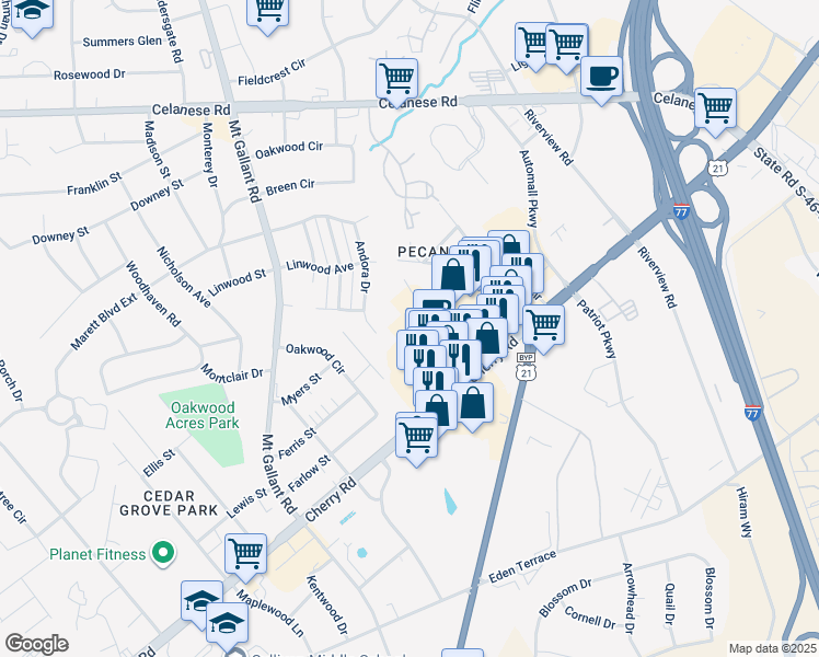 map of restaurants, bars, coffee shops, grocery stores, and more near 2328 Brookview Court in Rock Hill