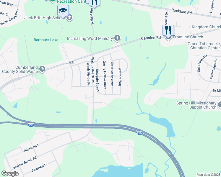 map of restaurants, bars, coffee shops, grocery stores, and more near 4024 Stretton Avenue in Fayetteville