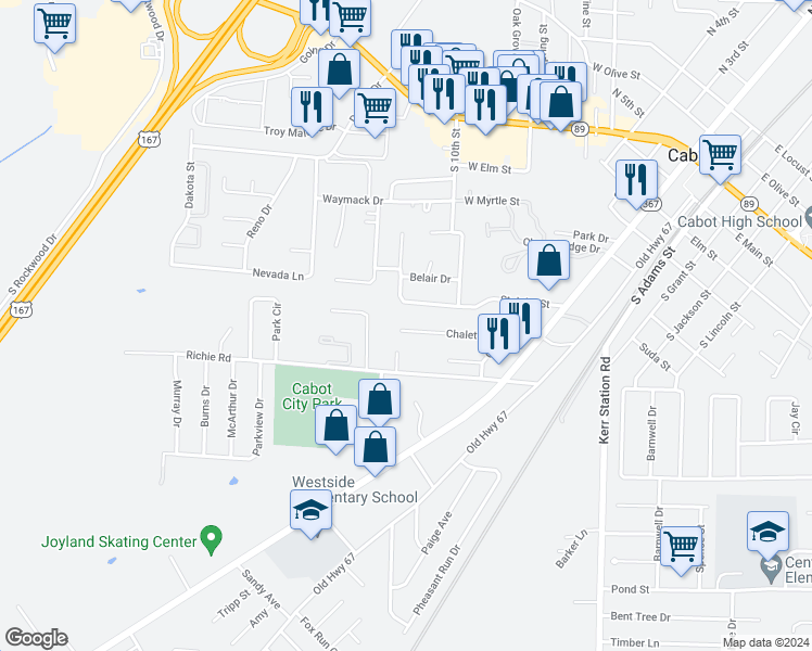 map of restaurants, bars, coffee shops, grocery stores, and more near 38 Chalet Street in Cabot